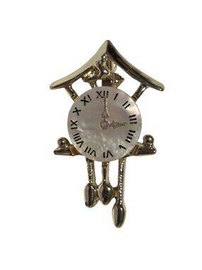 Vintage Cuckoo Clock Brooch Gold Tone Roman Numeral Mother Of Pearl Face Jewelry